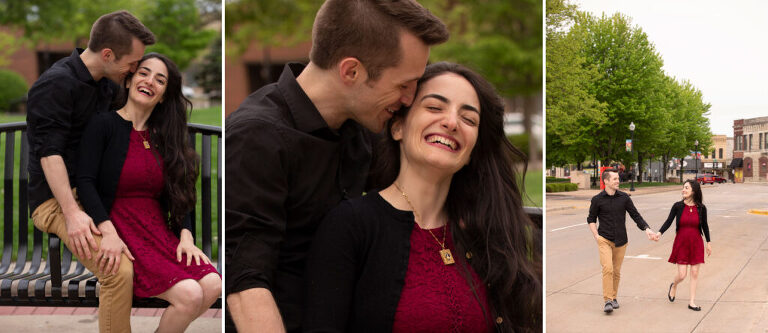 Yessra & Justin, Oshkosh Wisconsin, Couples Portrait Session, couple on bench, laughing, walking