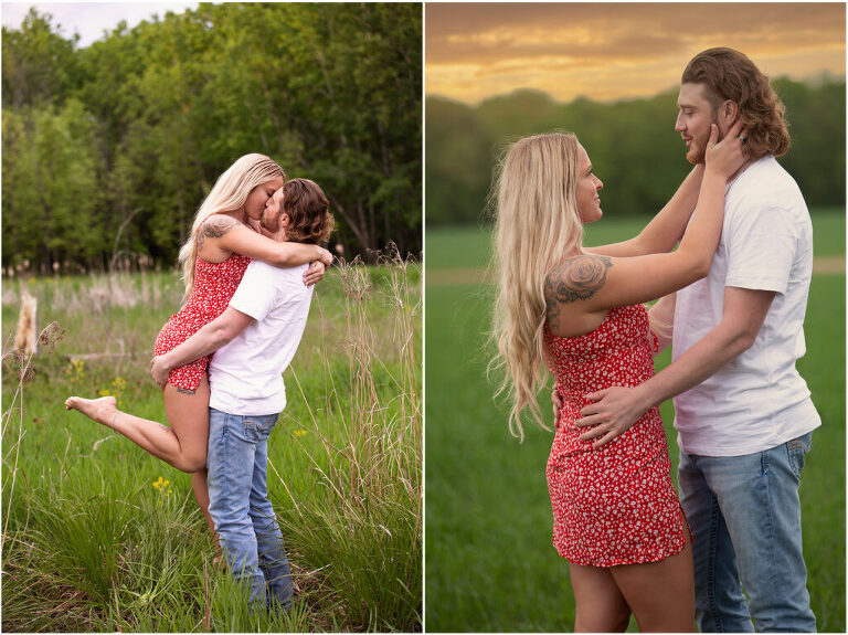 Taylor & Riley, couples session, in field, flower red dress, couples photoshoot, wisconsin, family portrait, Jenna Lynn Photography